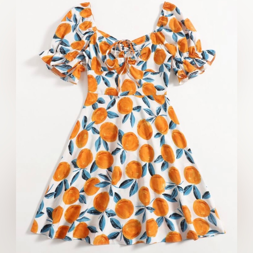 SHEIN Curve orange print puff sleeve dress- 3XL